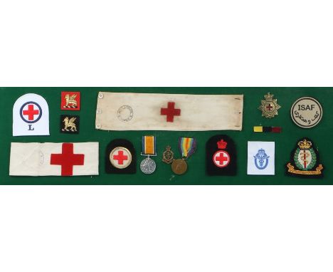 Framed collection of British military medical service medals and badges including First World War pair, 1914-1918 British War