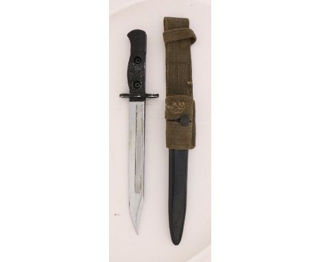 British L1A3 SLR Bayonet, chromed for parade use, in steel scabbard with webbing frog