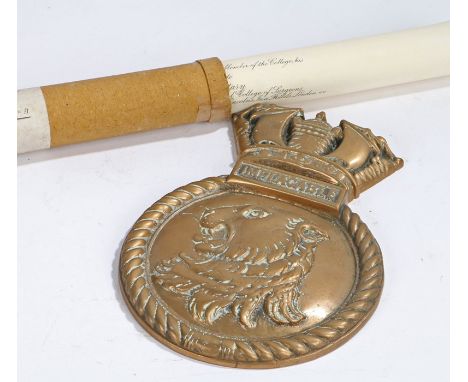 Second World War brass tompion from H.M.S. Implacable, Aircraft Carrier, Pennant number 86, the tompion belonged Richard Wyat