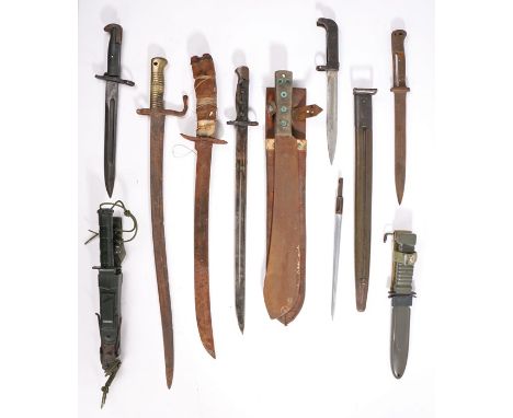 Second World War British army machete in scabbard, together with a diving knife and other bayonets in various conditions, ( q