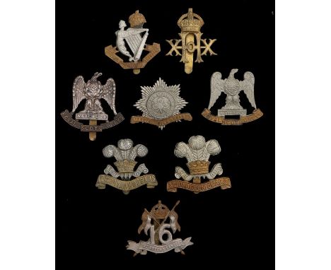 Grouping of British army cavalry regiment badges, 16th Lancers, Royal Scots Greys (2), 20th Hussars, 10th Hussars, 4th Dragoo