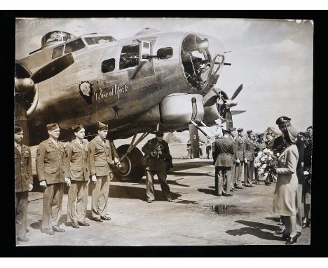 Official Second World War press photograph of Princess Elizabeth naming a United States Army Air Force B-17 Bomber of the 306