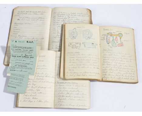 Three Second World War Royal Air Force armourers note books with hand written notes and diagrams on all aspects of an armoure