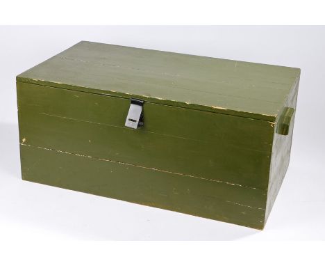 U.S. Army style military foot locker, pine construction, painted olive green, with clasp for padlock to front, removable tray