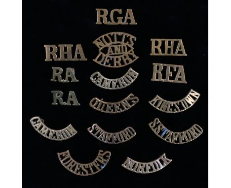 Collection of British army brass shoulder titles, Royal Horse Artillery, Royal Field Artillery, Cameron Highlanders, Queens R