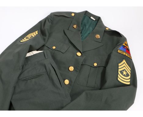 U.S. Army Class A Green Service Uniform jacket and trousers to a Sergeant Major in the 49th Armoured Division, the uniform ja