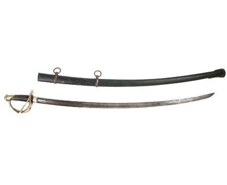 French 1822 Light Cavalry Sword, curved fullered blade, brass guard and pommel cap both stamped '51', held in black painted s