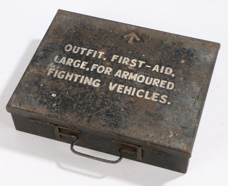Second World War tin case for ' Outfit, First Aid, Large, For Armoured Fighting Vehicles.', broad arrow stamped into lid,  27