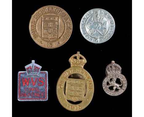 1915 On War Service badge, serial number 21128 on reverse, together with a plastic Army Cadet Force lapel badge, W.V.S. Civil