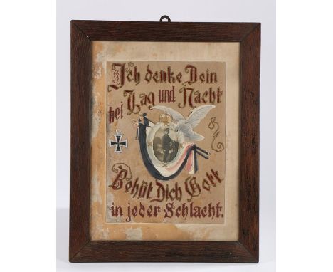 First World War framed German patriotic embroidery, the centrepiece has a moulding in the form of an Imperial Air Gunners Bad