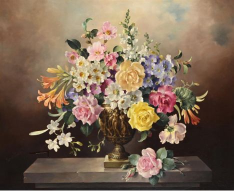 λ&nbspHAROLD CLAYTON (BRITISH 1896-1979) A BOUQUET OF FLOWERS IN AN URN ON A STONE LEDGE  Oil on canvas  Signed (lower left) 