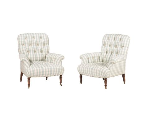 A PAIR OF BEECH AND UPHOLSTERED TUB ARMCHAIRS IN VICTORIAN TASTEMID 20TH CENTURY93cm highCondition Report: Marks, knocks, scr