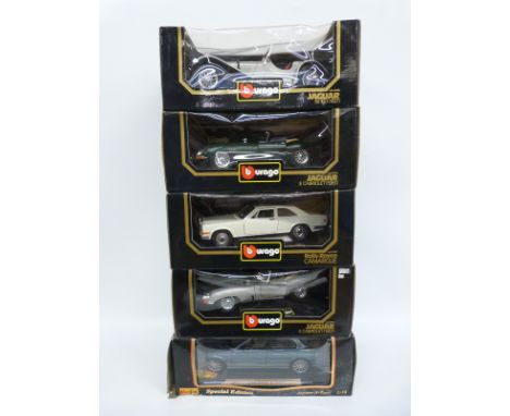 Five Burago and Maisto 1:22 and 1:18 scale diecast model English sports cars comprising Special Edition Jaguar S Type, two Ja