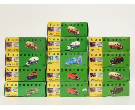 Thirteen Vanguards 1:43 scale diecast model vans and van sets including Austin, Land Rover, Morris, Mini etc, all in original