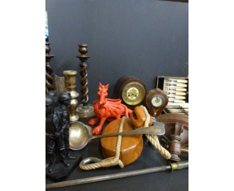 A pair of plated candlesticks, oak cased mantel clock, oak rope twist candlesticks, plated cutlery, wall bracket, nauticalia,