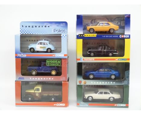 Seven Corgi Vanguards 1:43 scale limited edition diecast model cars including Rover MG, Police, Jaguar, Triumph etc, all in o