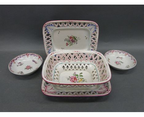 A hand decorated pierced chestnut basket and two matching side plates together with first period Worcester saucers 