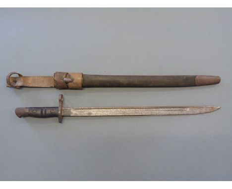 United States Army Remington 1917 pattern bayonet in leather scabbard and later bayonet frog (1940), blade length 44cm