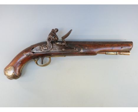 A flintlock hammer action Light Dragoon pistol with brass trigger guard and mounts, lock marked Tower and with crown over GR 