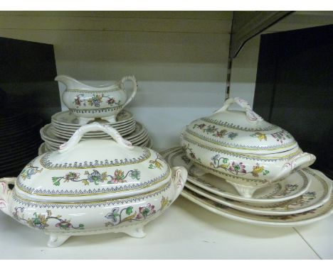 Coalport dinner service in the Flower Pot pattern, six place settings, tureens, graduated serving plates etc 