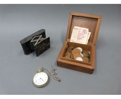 A quantity of coins, pocket watch and a folding camera 