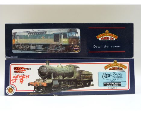 Two Bachmann 00 gauge locomotives 4-6-0 BR Class 93XX Mogul 75001 21-802 and BO-BO BR Diesel D5233 32-411, both in original b
