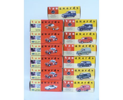 Thirteen Vanguards 1:43 scale diecast model sports cars including Historic Rally, Sunbeam, Royal Navy, vans etc 