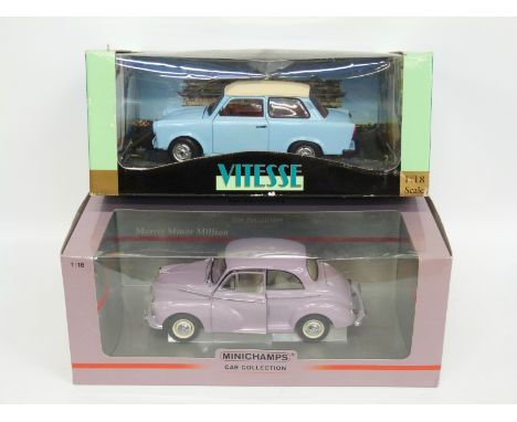 Two 1:18 scale diecast model cars Minichamps Morris Minor Million limited edition and Vitesse Trabi, both in original boxes