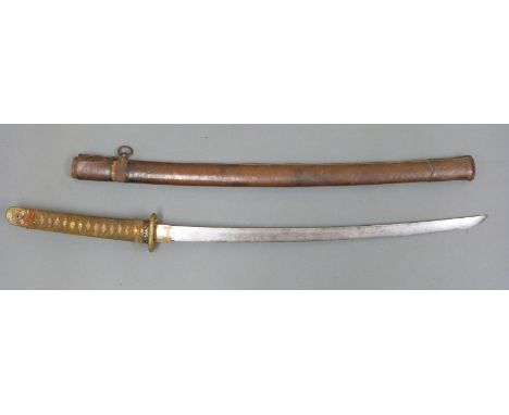 Japanese shin gunto katana Samurai sword with cord wrapped handle, embossed fuchi and kashira, pierced copper habaki, pierced