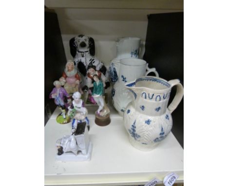 Three first period Worcester blue and white jugs, 19thC Staffordshire figures etc 
