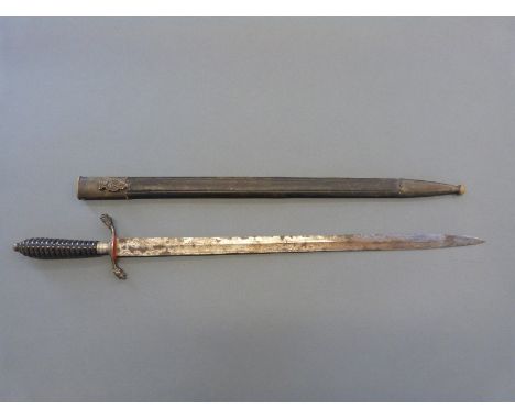 A 19thC possibly French or German hunting sword with lion's head to quillon and horn handle, blade length 49cm, in leather sc