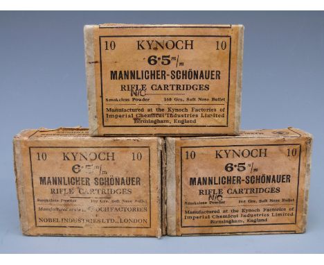 Thirty Kynoch 6.5mm Mannlicher-Schonauer pre-1928 rifle cartridges, in three original boxes.  PLEASE NOTE THAT A VALID RELEVA