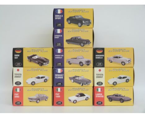 Eleven Atlas Editions 1:43 scale diecast model French, Italian, Japanese and German Sports Cars, all in original boxes 