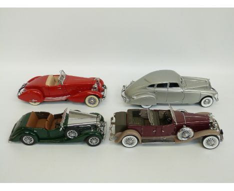 Four Danbury and Franklin Mint diecast model vehicles comprising 1930 Dusenburg J Derham Tourer, 1938 Alvis 4.3 Litre, 1934 P