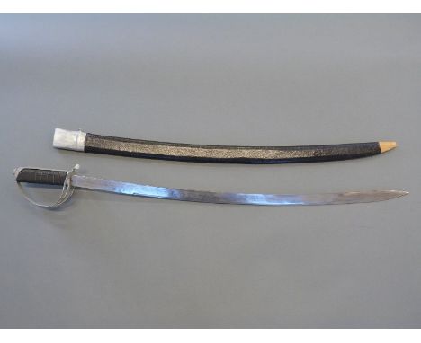 An Indian curved sword with leather scabbard, sword length 71cm