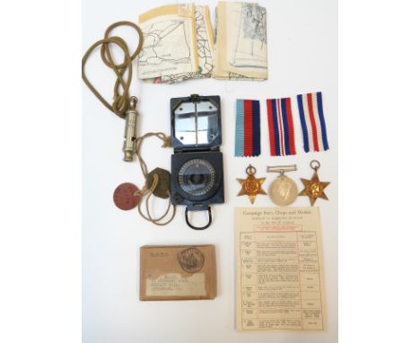 WWII medals awarded to A R Ellis, together with escape map, compass, dog tags etc