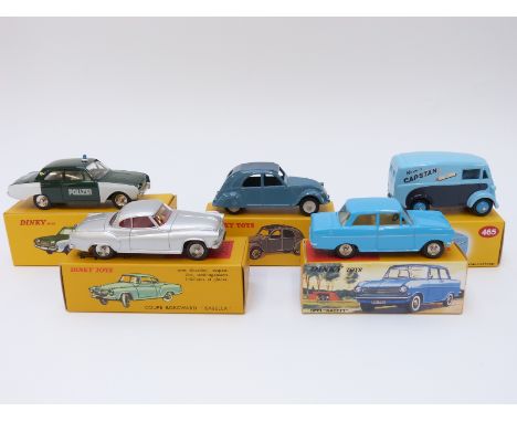 Five Atlas Editions Dinky Toys diecast model vehicles comprising Capstan Morris Commercial Van 465, Citroen 2CV 535, Opal 'Ka