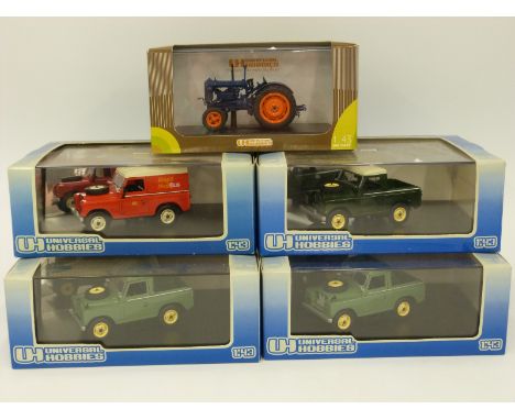 Five Universal Hobbies 1:43 scale diecast model farm vehicles comprising four Land Rover cars and Fordson E27N 1948 tractor, 