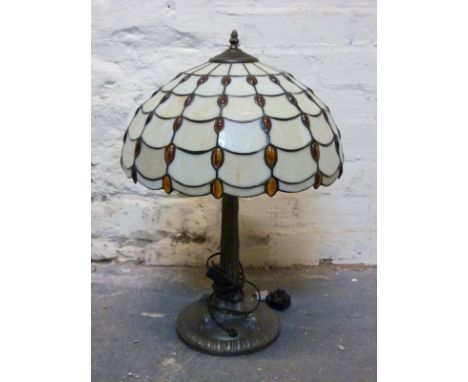 A Tiffany style table lamp and a further gilt example with geometric glass shade, height of taller 82cm