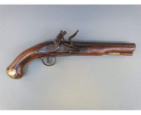 A flintlock hammer action Light Dragoon pistol with crown over GR cypher to lock, brass trigger guard and mounts and 9 inch b