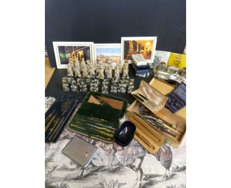 A quantity of silver plate and other collectables including cased drawing sets, Ronson Varaflame lighter, Parker pens, wine f