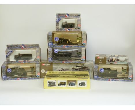 Nine Corgi and Solido diecast model military vehicles including Liberation of France, D-Day and Fighting Vehicles, some limit