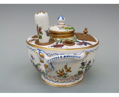 A French porcelain inkwell / standish with ormolu mounts and insect decoration, complete with seal, 12cm tall
