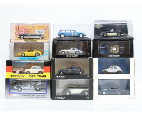 Twelve Norev, Minichamps, Corgi and similar 1:43 scale diecast model cars including Paul's Model Art, Vitesse, Donnington Col