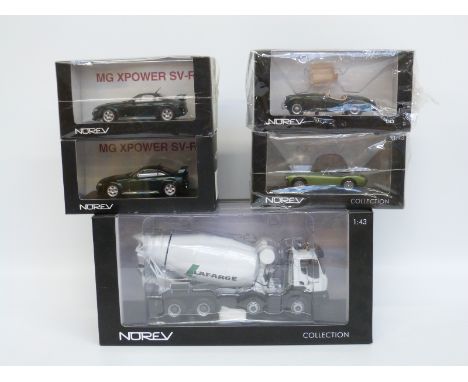 Five Norev 1:43 scale diecast model vehicles including MG, Renault Lafarge Cement Mixer etc, all in original boxes 