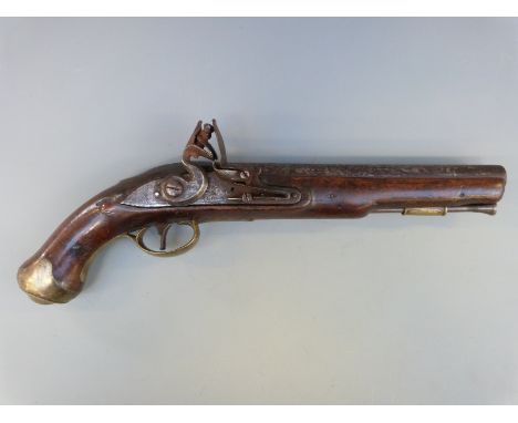 Flintlock hammer action Light Dragoon pistol with lock stamped Tower and with crown over GR cypher, brass mounts, steel ramro