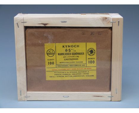 One-hundred Kynoch 6.5mm Mannlicher-Schonauer rifle cartridges, in original box.  PLEASE NOTE THAT A VALID RELEVANT FIREARMS/