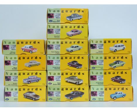 Fourteen Vanguards 1:43 scale diecast model cars including Ford, Vauxhall and Triumph, all in original boxes