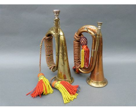 Two military bugles, one marked with broad arrow, Mayers & Harrison Ltd and dated 1966 the other brass and copper