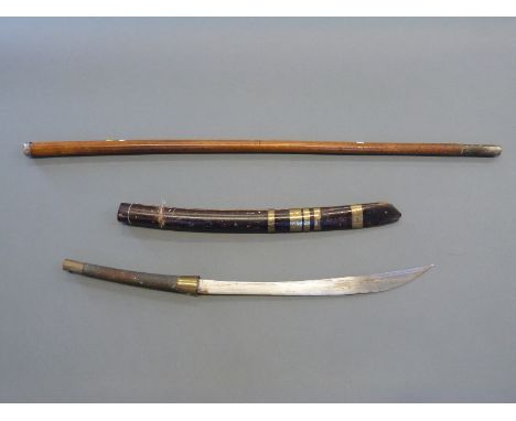 Malayan sword with wire bound grip, brass bound scabbard and 39cm blade, overall length 70cm together with a white metal topp